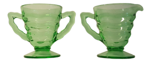 1920s Art Deco Jenkins Green Depression Glass Creamer and Sugar - 2 Piece Set