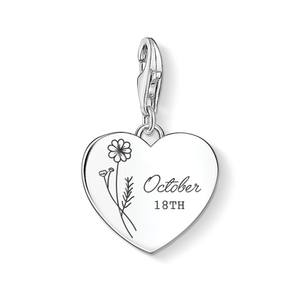 Classic Silver October Birth Flower & Date Heart Charm