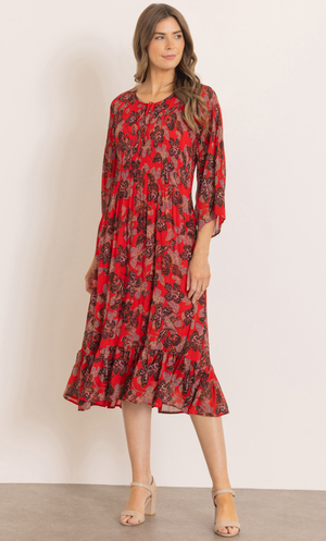 Floral Print Pleated Midi Dress - Red/Black