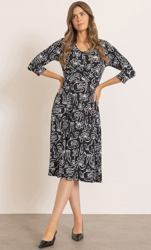 Printed V Neck Jersey Dress - Black/Ivory