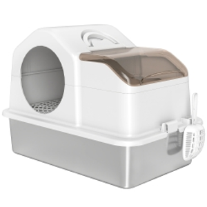 PawHut Arenero para Gatos Cubierto con Bandeja de Acero Inoxidable Tapa Extraíble Bordes Altos Fácil de Limpiar Blanco