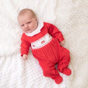 Red Velour Bow Sleepsuit With Frill Collar