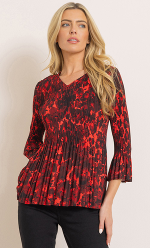 Printed V Neck Pleated Top - Black/Red