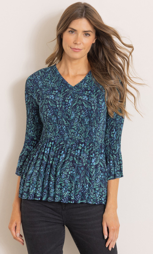 Botanical Print Pleated Top - Navy/Blue/Green