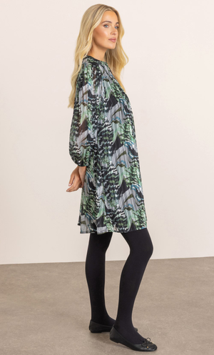 Printed Blouson Sleeve Tunic Top - Grey/Green