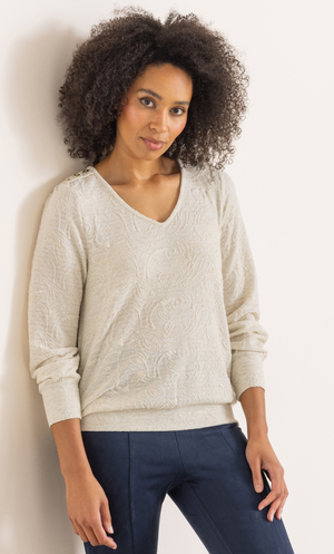 Patterned Knit V Neck Top - Beige