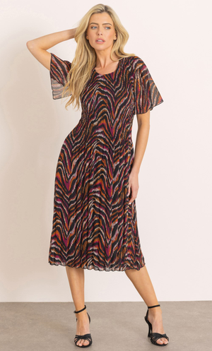 Print Pleated Short Sleeve Dress - Multi