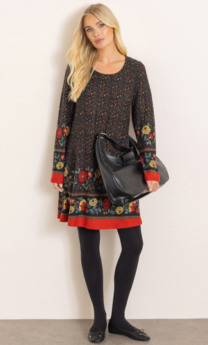 Border Print Knitted Tunic Top - Black/Red
