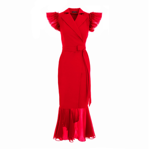 Long Red Blazer Wrap Dress With Tulle And Soft Veil (XL)