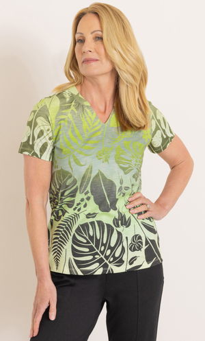 Anna Rose Botanical Print Jersey Top - Green Multi