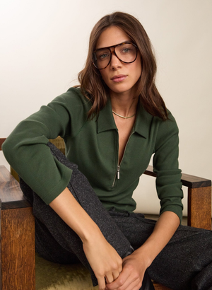 Organic Cotton Zip Collar Top - UK 14 | EU 42 | US 10 / Deep Khaki