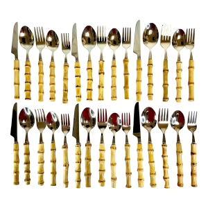Chinoiserie Coastal Bamboo 18/8 Stainless Steel Flatware - Set of 30 Pieces, 6 Place Settings.