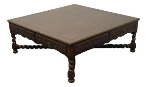 Vintage Antique Solid Oak Jacobean Gothic Revival 52" Square Oak Accent Coffee Table W. Rope Twist Legs
