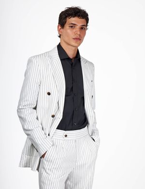 LLOYD – Double Breasted Linen Jacket In White Pinstripes