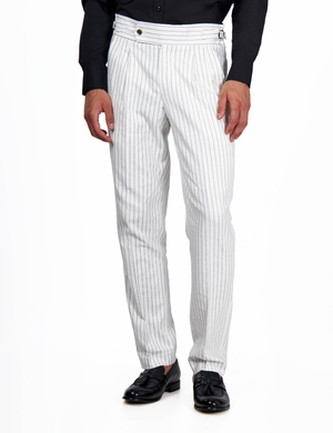 LLOYD - White Pinstripe Linen Trousers Tapered Fit