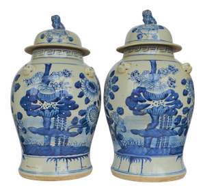 Chinoiserie White & Blue Floral Baluster Ginger Jars - a Pair