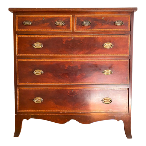 Antique Early 1800s Neoclassical New England Mahogany Chest of Drawers With Rosewood Banding and Inlay