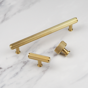 Solid Satin Brass Reeded T-Bar Handles & Matching Pull Knobs - 29mm Knob