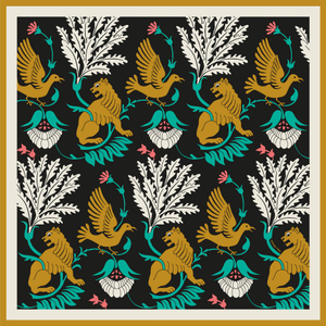 Regal Doves & Lions Black & Colourful Luxury Silk Scarf (one size)