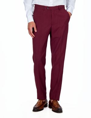 NEIL – Men's Maroon Gold Pinstripe Suit Trousers Tapered Fit