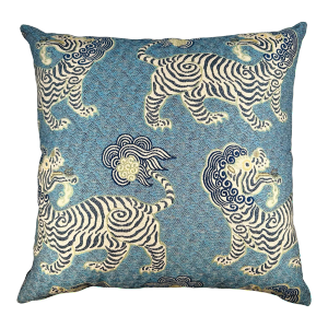 Large Blue Tibetan Tiger Jacquard Designer Feather Accent Pillow