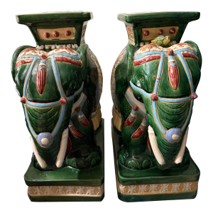 1950s Oriental Ceramic Green Elephant Plant Stand Set of Two