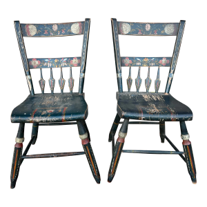 A Fine Pair of Folk Art Paint Decorated Pennsylvania Farmhouse Kitchen Windsor Chairs, Circa 1820's