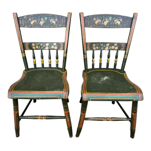 A Pair of Folk Art Paint Decorated Pennsylvania Farmhouse Kitchen Windsor Chairs, Circa 1840's