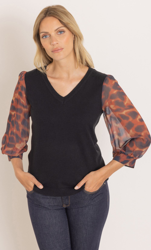 Printed Sleeve V Neck Knit top - Black/Orange