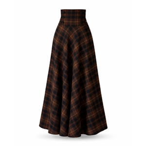 Long Wool Skirt With High Waist And Pockets In Dark Brown Plaid (S)
