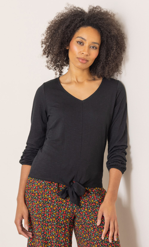 Tie Front Textured Jersey Top - Black