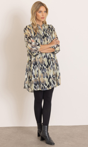 Printed Blouson Sleeve Tunic Top - Black/Ecru