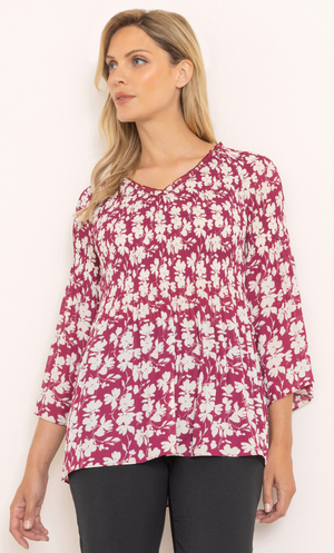 Floral Print Pleated Top - Claret/Ecru