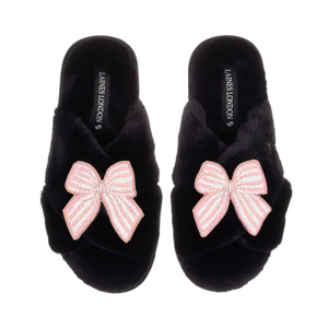 Classic Laines Slippers With Pink Stripe Bow Brooches - Black (M)
