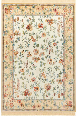 Oriental Flowers Velvet With Fringes Beige Rug