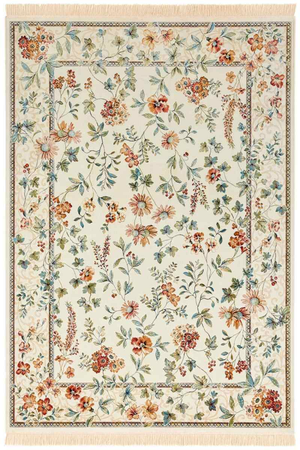 Oriental Flowers Velvet With Fringes Cream Rug