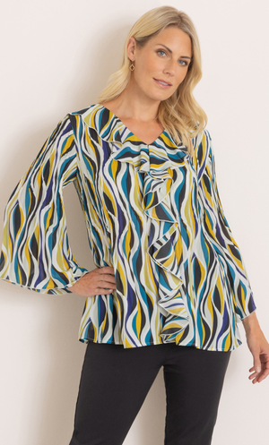 Abstract Print Pleated Ruffle Top - Multi/Wave