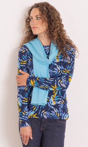 Anna Rose Botanical Print Brushed Knit Top With Scarf - Blue/Mustard
