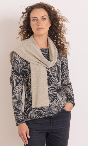 Anna Rose Botanical Printed Brushed Knit Top With Scarf - Black/Tan