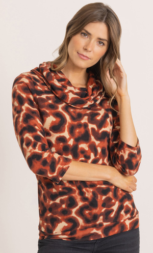 Printed Cowl Neck Knitted Top - Black/Orange
