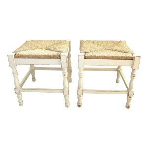 "Made in Italy" Carved Rustic Rattan Ottomans