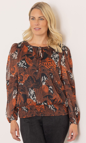 Smocked Hem Leaf Print Top - Black/Orange