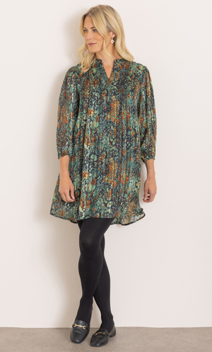 Printed Blouson Sleeve Tunic Top - Black/Green