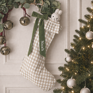 Mabel & Fox - Personalised Beige Gingham Stocking - Velvet Bow