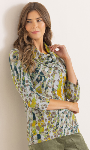 Printed Cowl Neck Knitted Top - Beige/Mustard/Lime