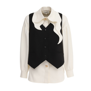 Vintage-Inspired Blouse And Suit Style Vest - Set Ivory & Black (XXL)