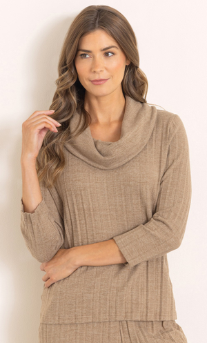 Cowl Neck Pleated Knit Top - Fawn