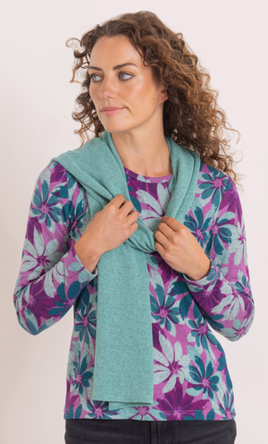 Anna Rose Floral Print Brushed Knit Top With Scarf - Purple/Aqua