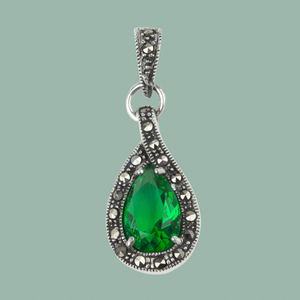 Signature Silver Marcasite & Emerald CZ Teardrop Pendant