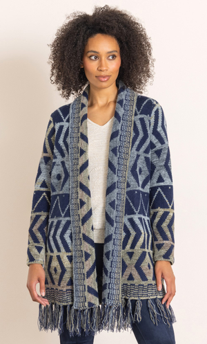 Patterned Open Front Longline Tassel Cardigan - Blue/Midnight